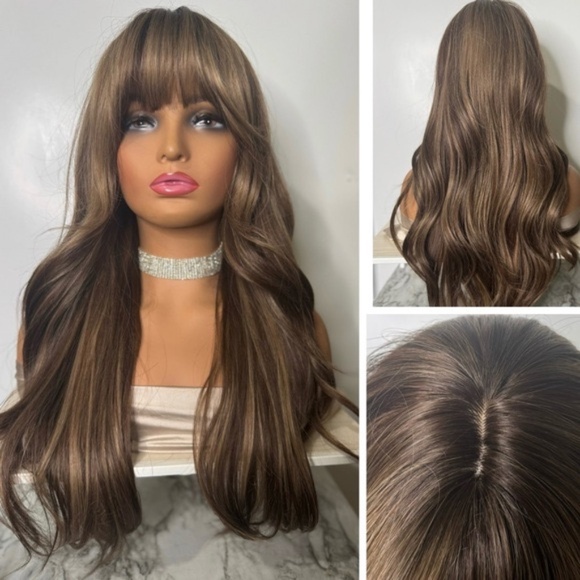 Other - Long Wavy Wig with Curtain Bangs – Medium Brown with Soft Caramel Highlights
